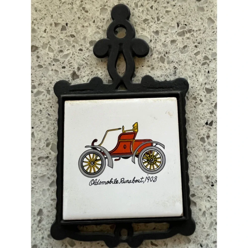 Vintage San-Huan Cast Iron Ceramic Tile Trivets Set 4 Antique Cars Wall Decor